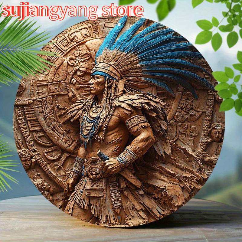 Home Bar Accessories - 1pc Aztec Warrior 8-Inch Round Aluminum